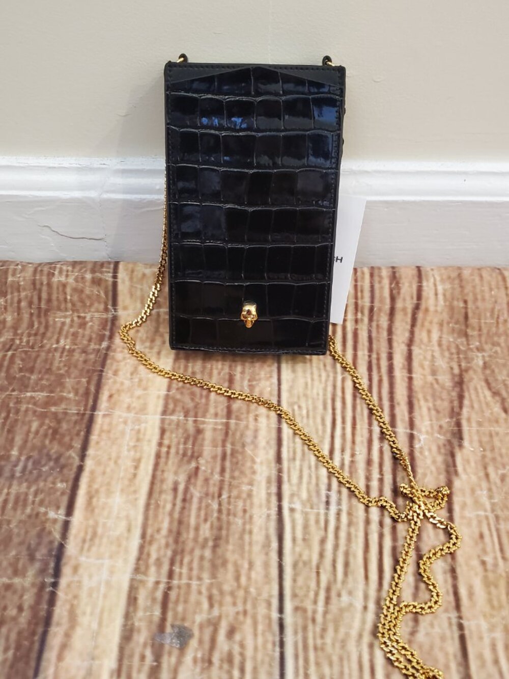 Alexander McQueen Croc-Embossed Leather Skull Phone Case on Chain, New